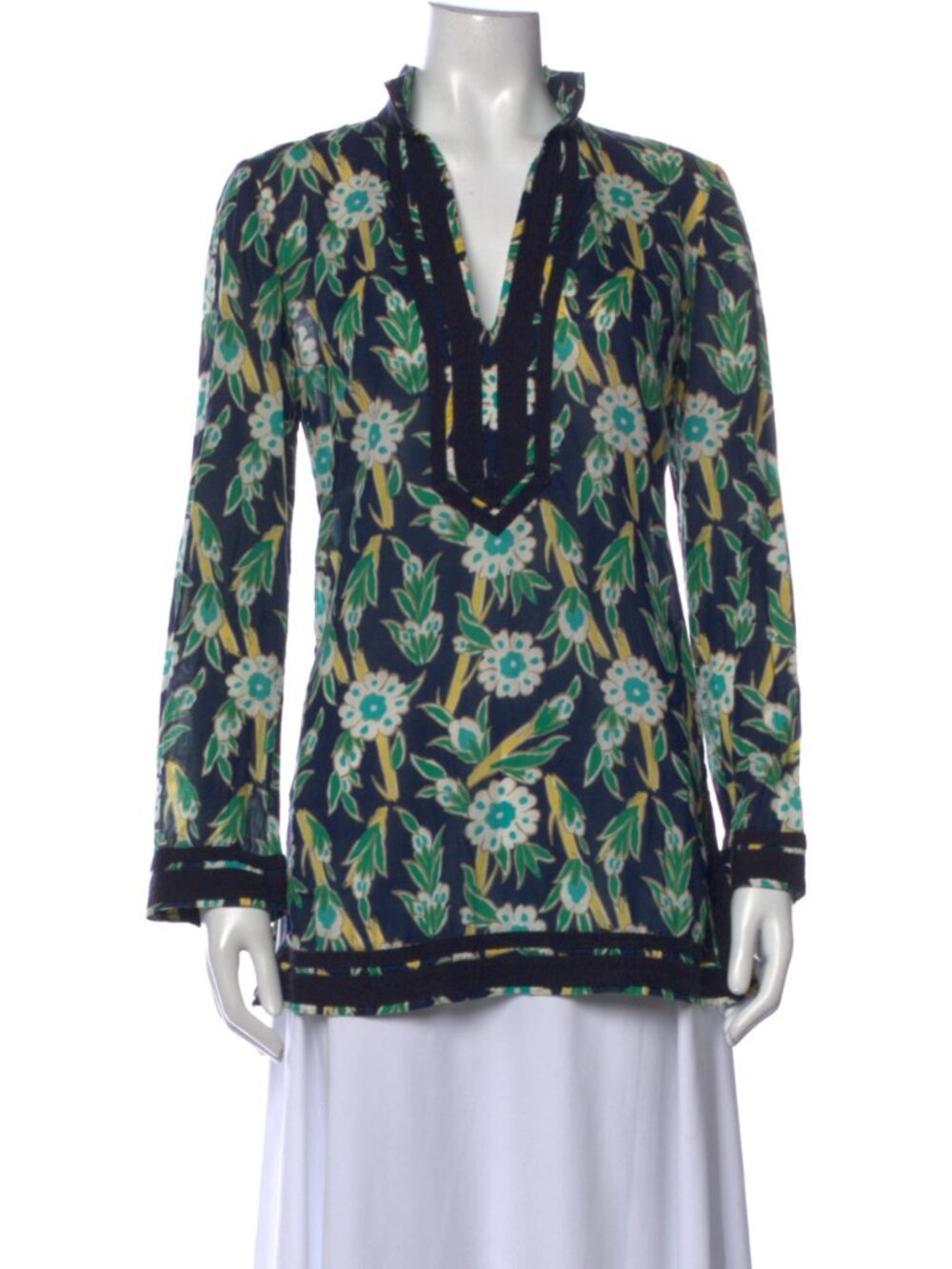 Tory Burch Navy Floral V-Neck Tunic with Teal & White Blooms
